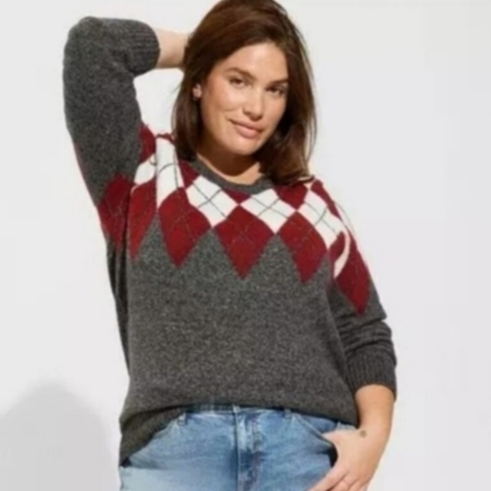 NWT Torrid Vegan Cashmere Gray Red Argyle Preppy Academia Sweater Medium Large